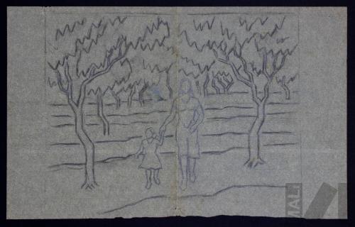 Estudio de mujer con niña delante de paisaje