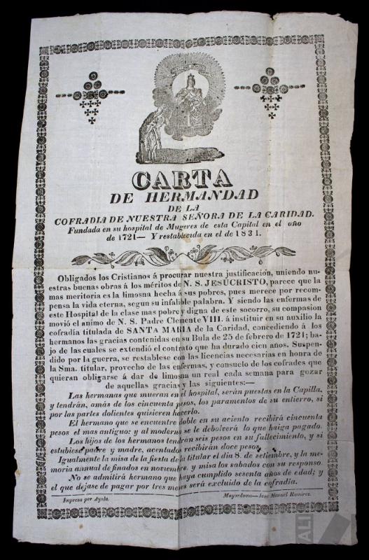Carta de hermandad de la cofradía de Nuestra Señora de la Caridad, fundada en el hospital de mujeres de Lima