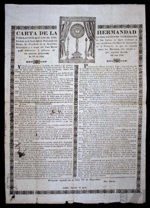 Carta de hermandad de la cofradía del Santísimo Sacramento, fundada en la iglesia de San Lázaro de Lima