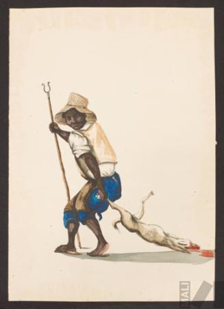 Aguador con su horquita trayendo un perro muerto