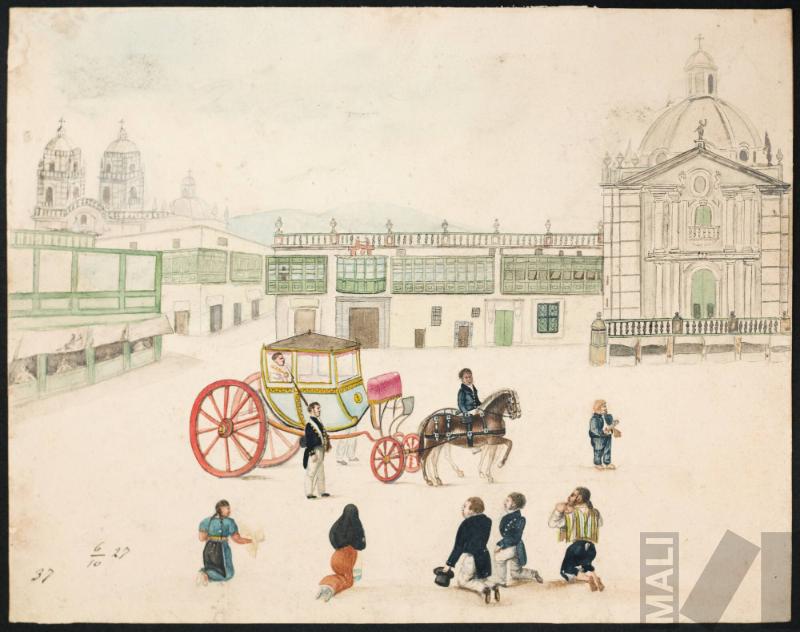 Paso de la carroza del Santísimo en la Plaza de Armas de Lima 