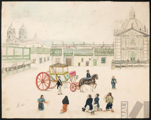 Paso de la carroza del Santísimo en la Plaza de Armas de Lima 