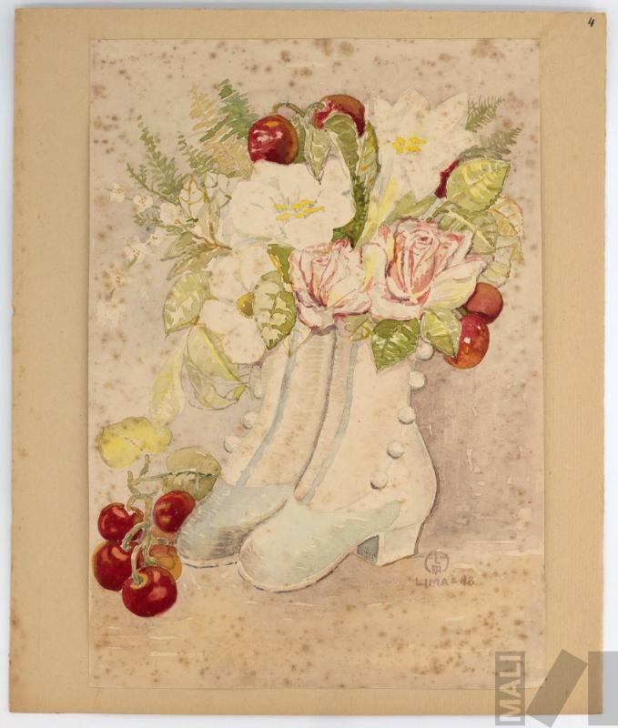 Composición con flores, frutas y zapatos