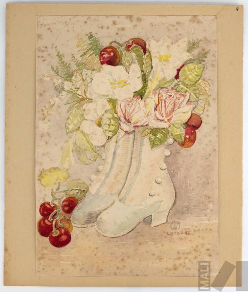 Composición con flores, frutas y zapatos