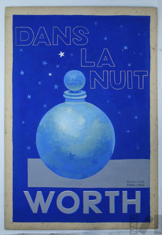 Boceto para afiche de "Dans la nuit", perfume de la casa Worth