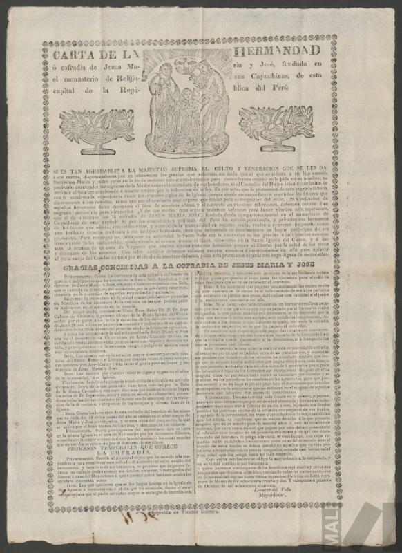 Carta de hermandad de la cofradía de Jesús, María y José, fundada en el monasterio de Capuchinas de Lima