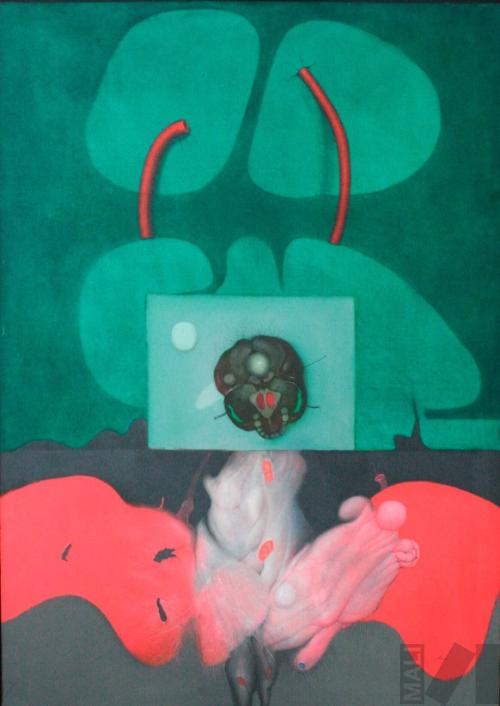 Composición en verde y rosa
