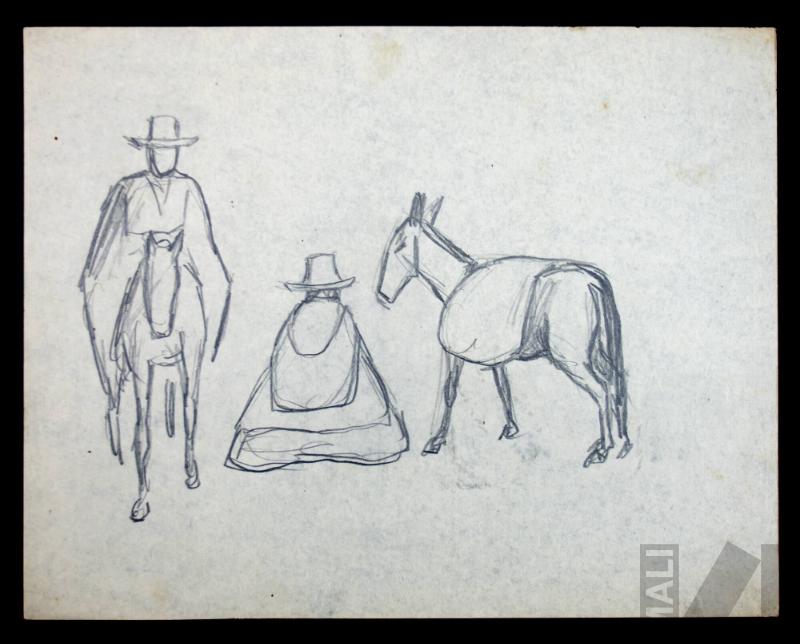 Estudio de mujer indígena con equino y jinete