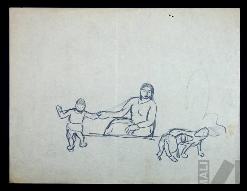 Estudio de mujer con niño y perros