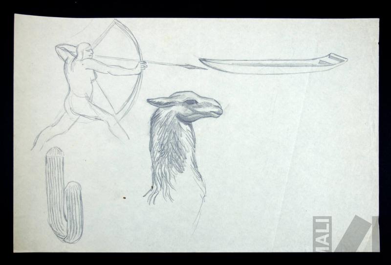 Estudio de arquero, canoa, cactus y llama