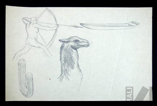 Estudio de arquero, canoa, cactus y llama