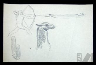 Estudio de arquero, canoa, cactus y llama