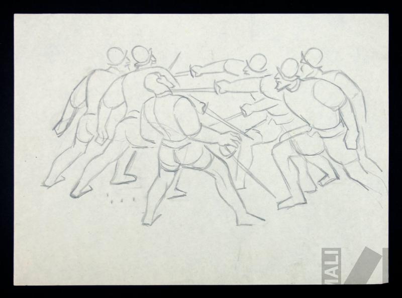 Lucha de los conquistadores, estudio para el mural 'El coloniaje'